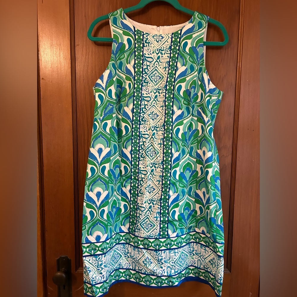 London Times Elegant Green and Blue Patterned Dress